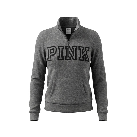 Victoria's Secret PINK Tops - PINK Victoria's Secret Quarter Zip Pullover Grey Heathered Logo Fleece -‎ Small